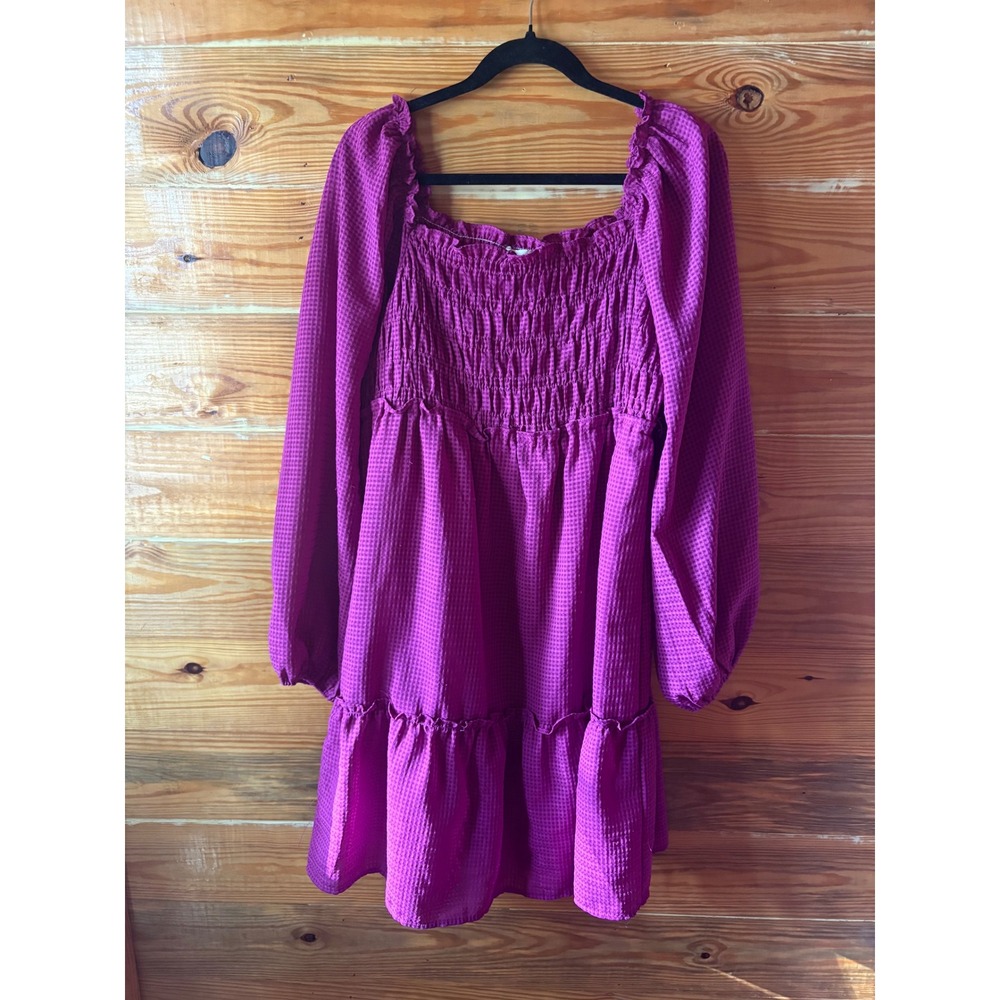Umgee Magenta Gingham Smocked Tiered Mini‎ Dress 1XL Cottagecore Milkmaid Boho